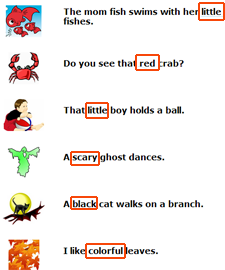 Finding Adjectives worksheets for first grade students, English grammar worksheets