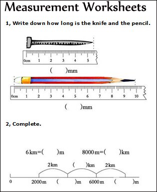 Measurement worksheets, length, volume, weight, measuring tool and unit math worksheets