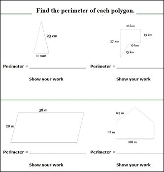 perimeter of polygon shapes, calculate perimeters elementary school geometry worksheet, free math worksheets for 2nd grade and math exercises