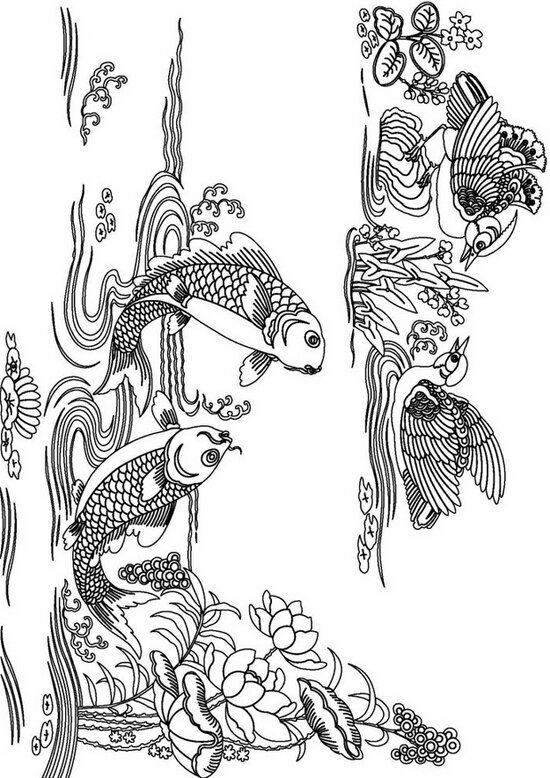 Fish and lotus coloring picture