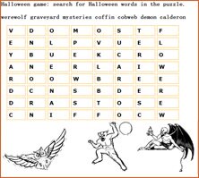 difficult halloween games for elementary school students to search for werewolf graveyard mysteries coffin cobweb demon calderon words in Halloween puzzle 