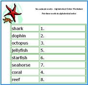 sea animals kids alphabetical order worksheets, abc order worksheets