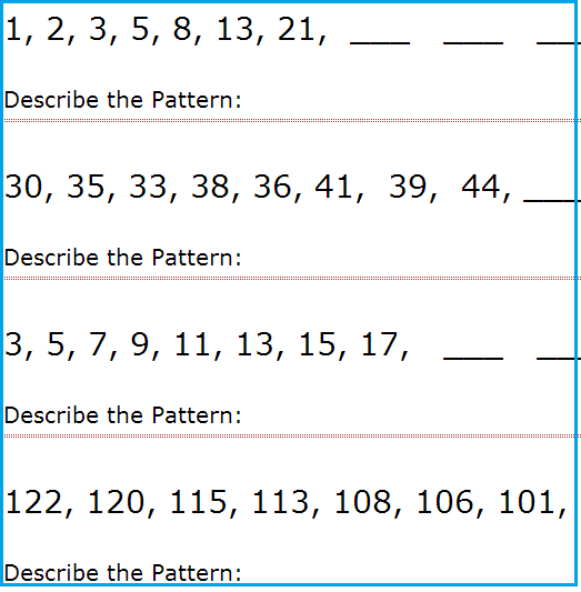 Free printable intermediate level number patterns worksheets, number series