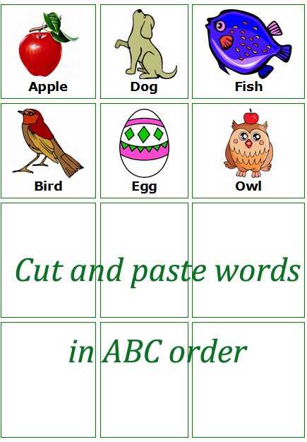 free preschool ABC order activities, free preschool cut and paste motor skills worksheets