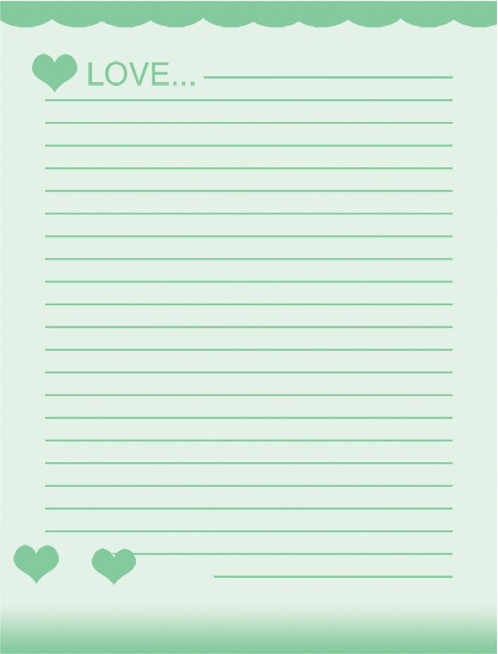 free school writing paper template with green hearts and love